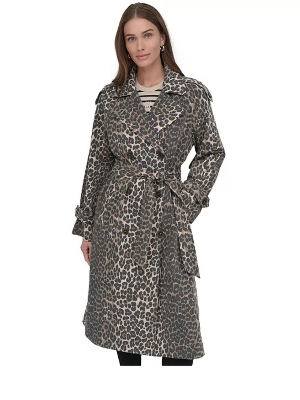 DKNY Women's Belted Double-Breasted Trench Coat In The Color Leopard - Picture 7 of 15